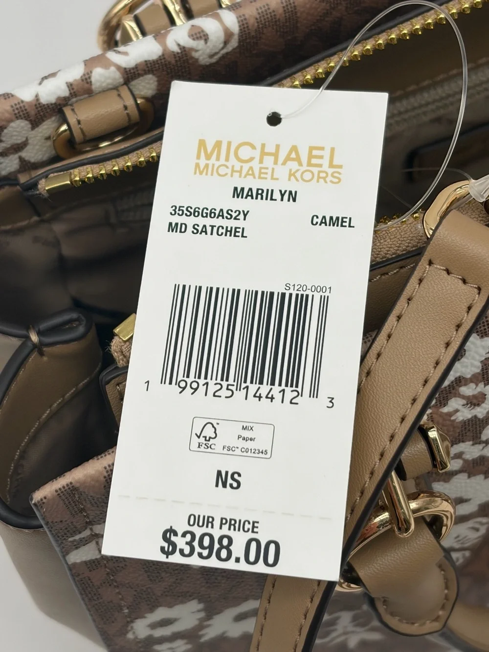 Michael Kors Marilyn Medium Printed Signature Logo Satchel Camel NWT